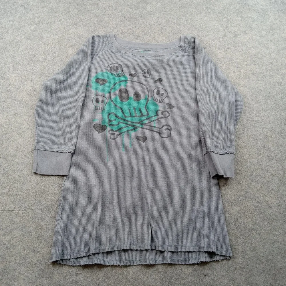 Birdzeye Sleepshirt Girls Large‎ Gray Skull Crossbones Waffle Knit Long Sleeve